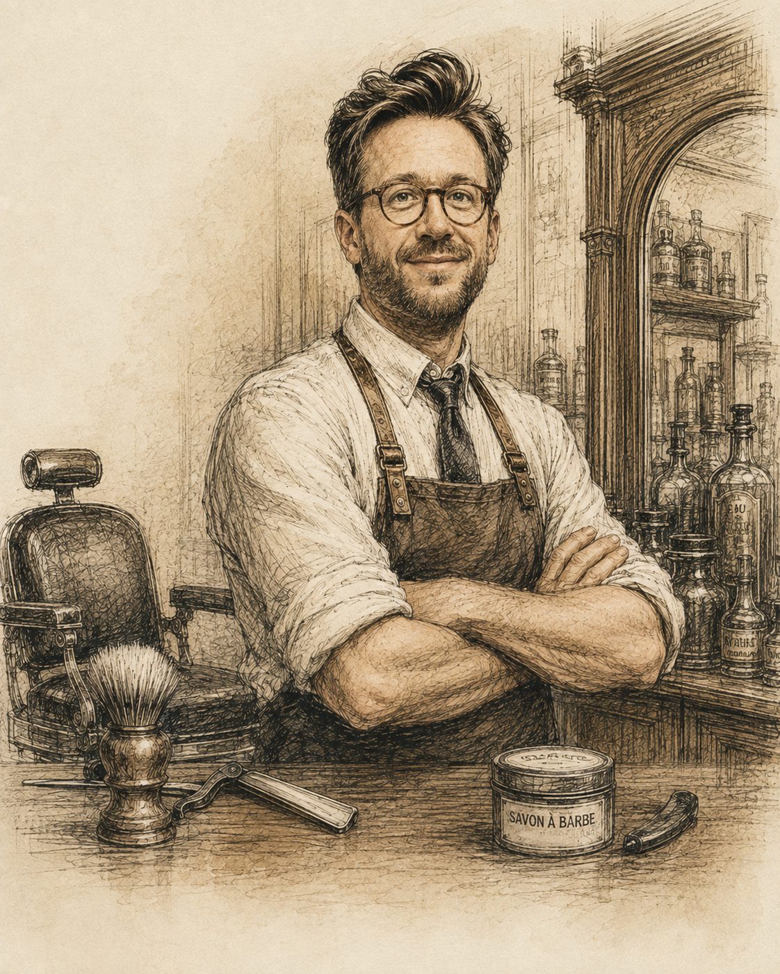 Illustration d'un atelier de rasage traditionnel : blaireau, coupe-chou et savon à barbe
