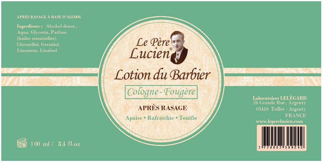 Étiquette de la lotion après-rasage Cologne-Fougère Le Père Lucien, 100 ml