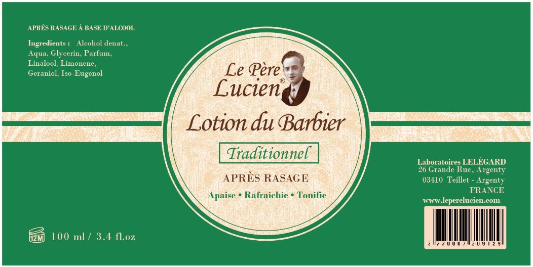 Étiquette de la lotion après-rasage Traditionnel Le Père Lucien, 100 ml