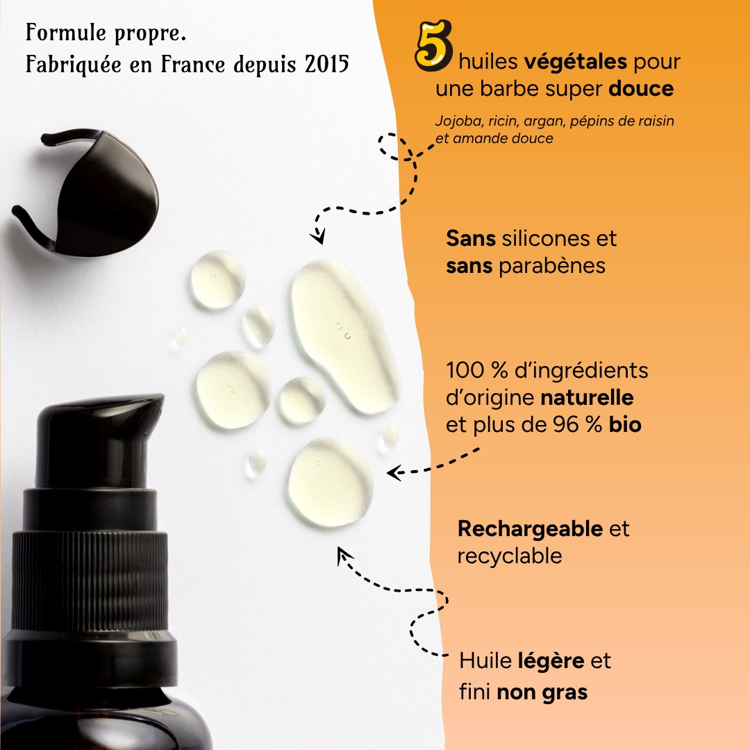 Formule de l'huile pour barbe Ça va barber : 5 huiles végétales, sans silicone ni parabène, 96 % bio