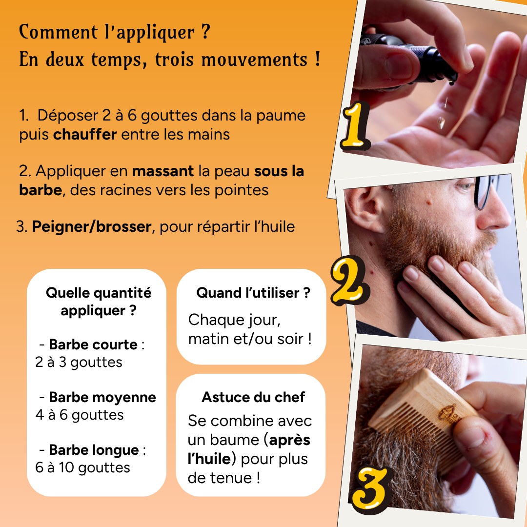 Comment appliquer une huile pour barbe en trois gestes : chauffer dans la paume, masser sous la barbe, peigner