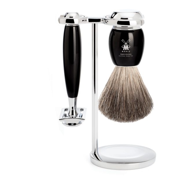 Set de rasage, blaireau gris 1er choix et rasoir de sûreté, résine noire - Mühle Vivo