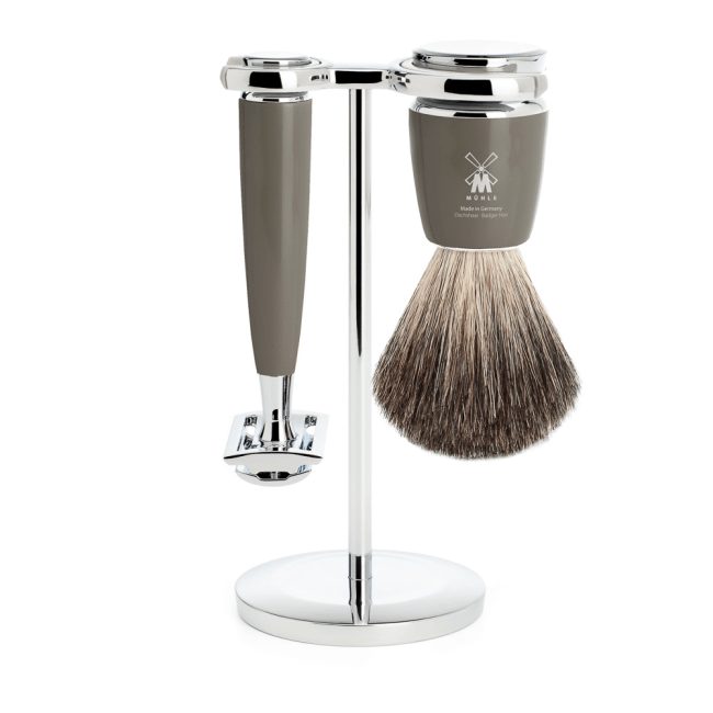 Set de rasage, blaireau gris 1er choix et rasoir de sûreté, résine stone - Mühle Rytmo