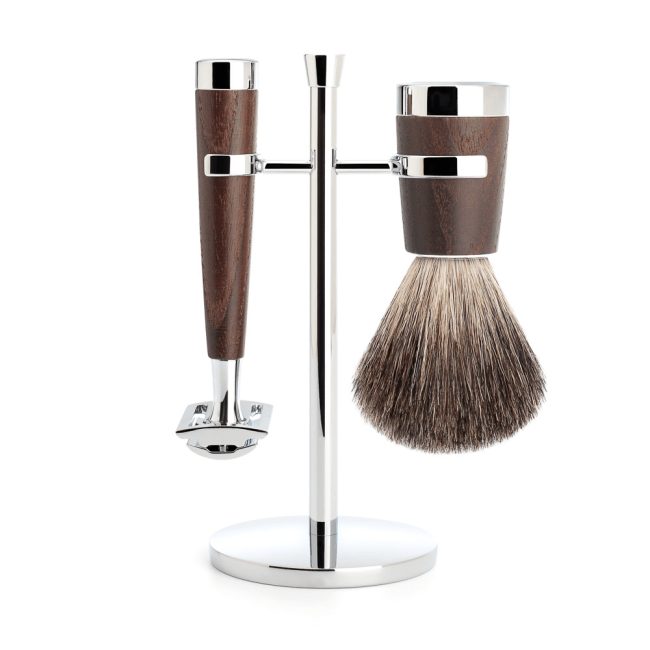 Set de rasage, blaireau gris 1er choix et rasoir de sûreté, bois de frêne - Mühle Liscio