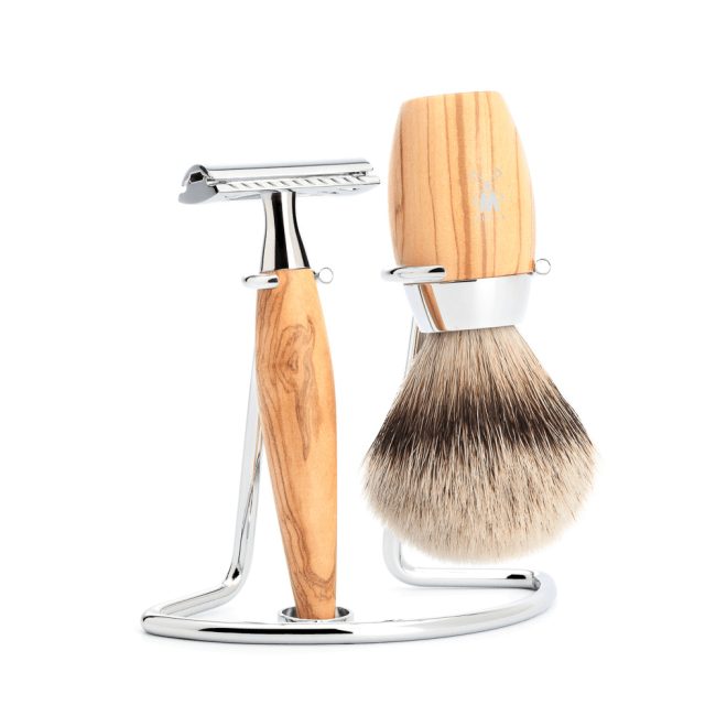 Set de rasage, blaireau pur argenté et rasoir de sûreté, bois d'olivier - Mühle Kosmo