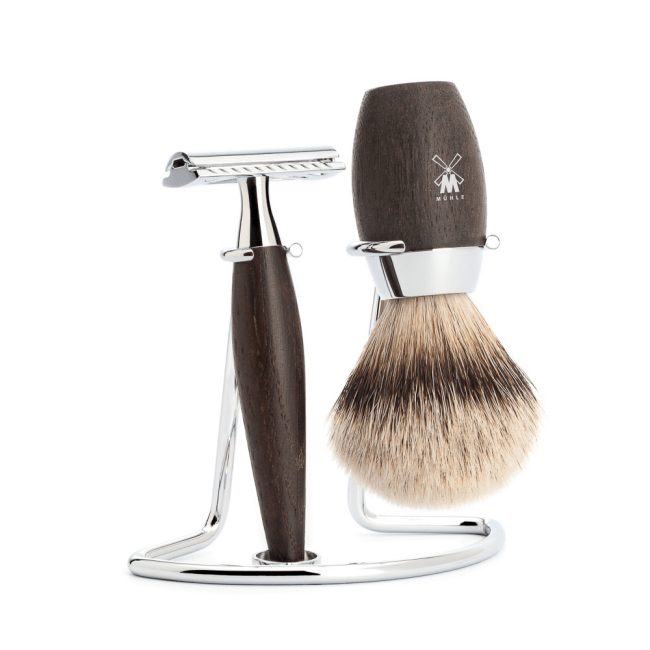 Set de rasage, blaireau pur argenté et rasoir de sûreté, bois de chêne - Mühle KOSMO