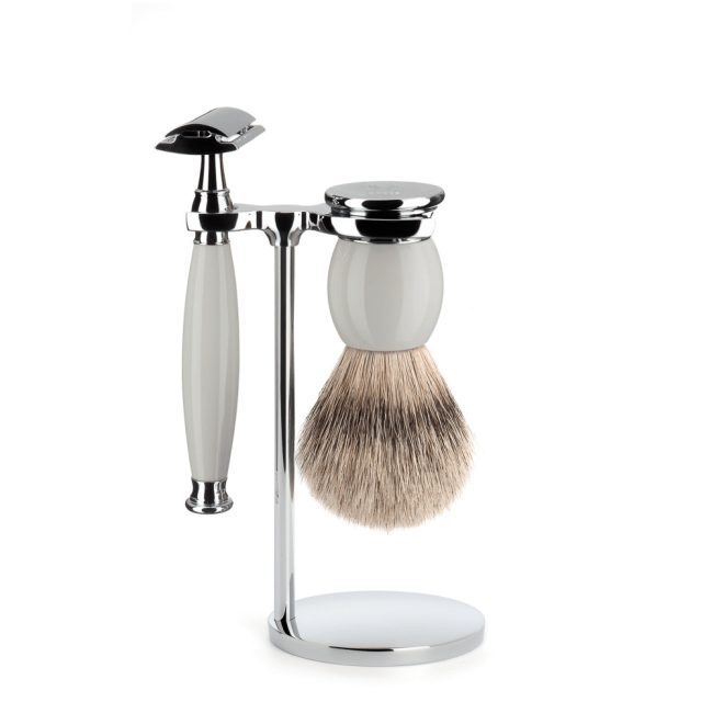 Set de rasage, blaireau pur argenté et rasoir de sûreté, porcelaine - Mühle Sophist