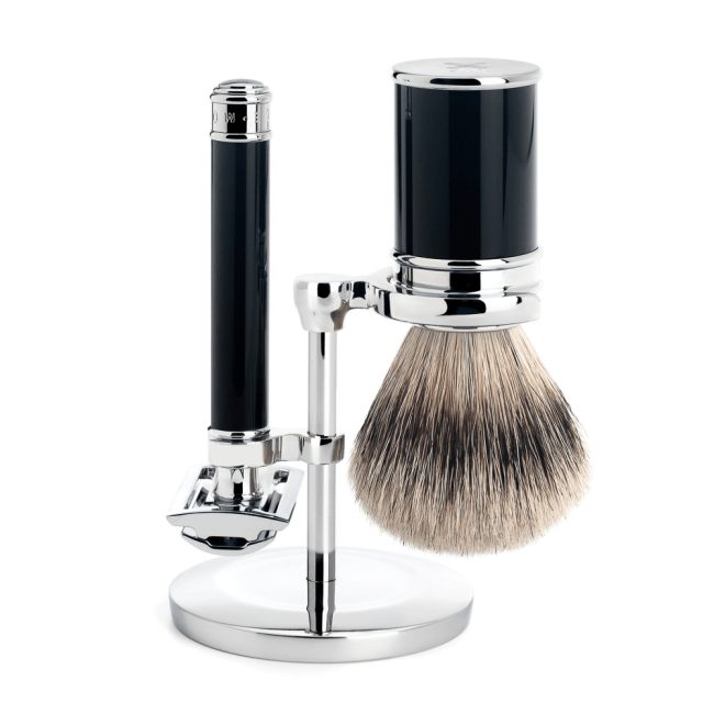 Set de rasage, blaireau pur argenté et rasoir de sûreté, résine noire - Mühle Traditionnel