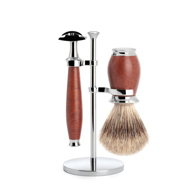 Set de rasage, blaireau pur argenté et rasoir de sûreté, bois de bruyère - Mühle Purist