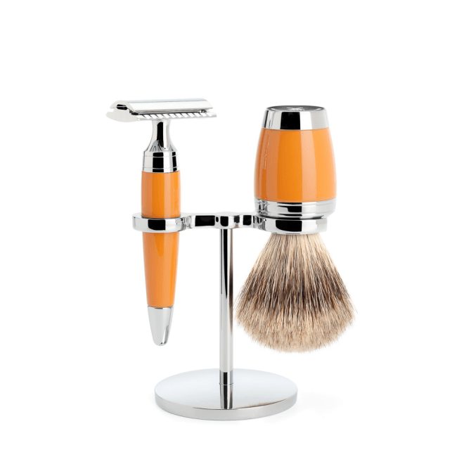 Set de rasage, blaireau pur gris et rasoir de sûreté, résine butterscotch - Mühle Stylo