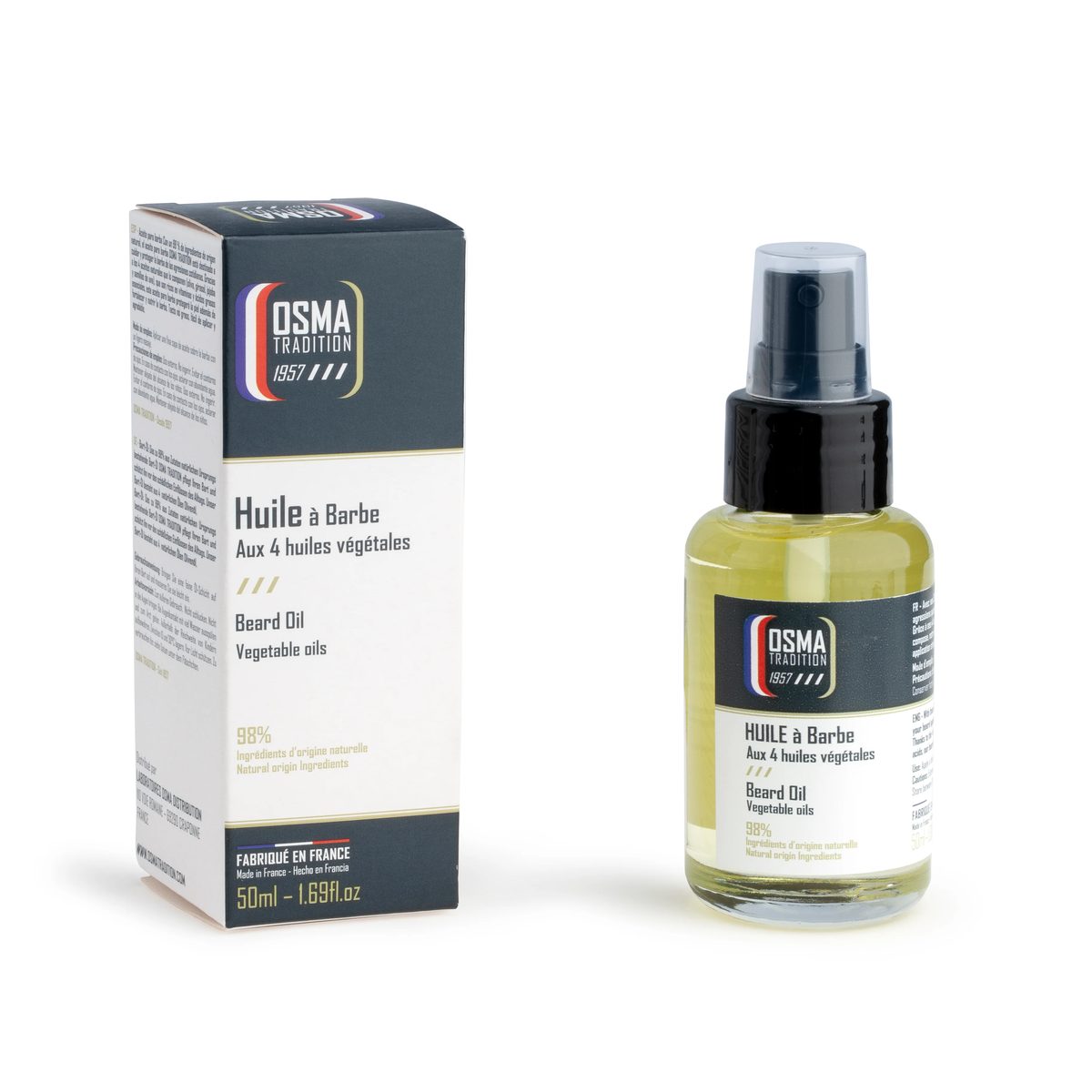 Huile à barbe Osma Tradition 50 ml, flacon pompe et son étui