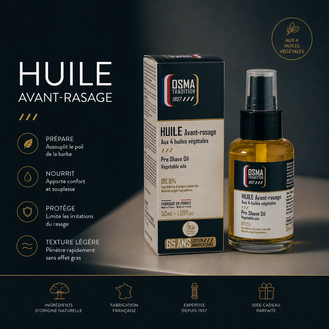 Huile avant-rasage Osma Tradition : prépare, nourrit, protège, texture légère