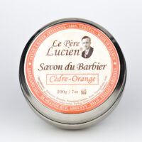 Savon à raser Cèdre-Orange Le Père Lucien, boîte métal de 200 g vue de dessus, étiquette orange